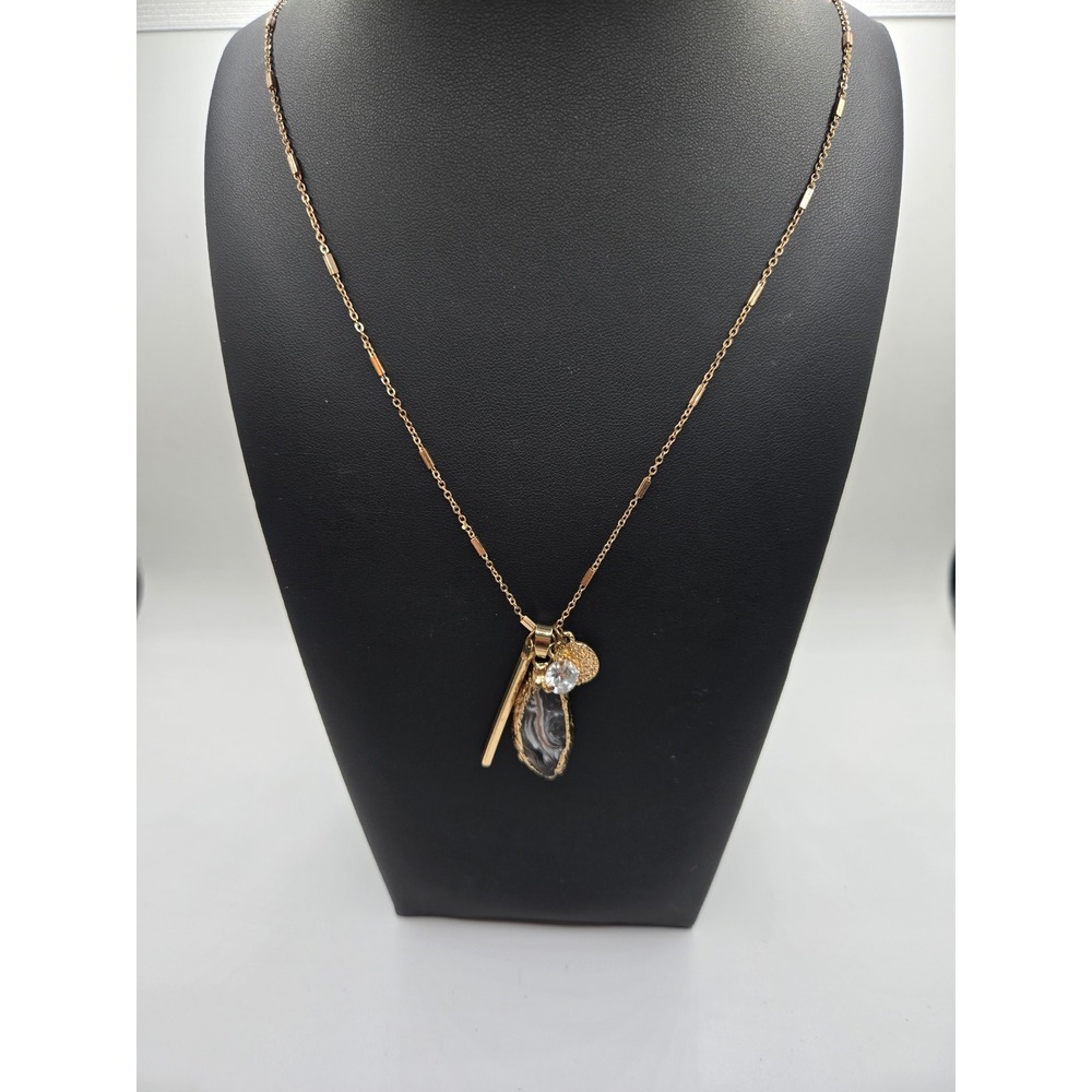 Gold Tone Agate Druzy Cluster Charm Long Station Chain Necklace Crystal Bar